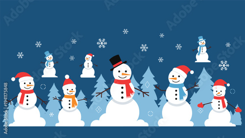 Cheerful winter scene with many different snowmen wearing colorful hats and scarves standing in a snowy forest under a dark blue night sky.