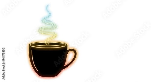 Vibrant neon glowing coffee cup with colorful rising steam on a clean white background