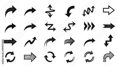 Comprehensive set of twenty four hand drawn black arrow icons in various styles including curved, wavy, straight, and circular shapes for UI.