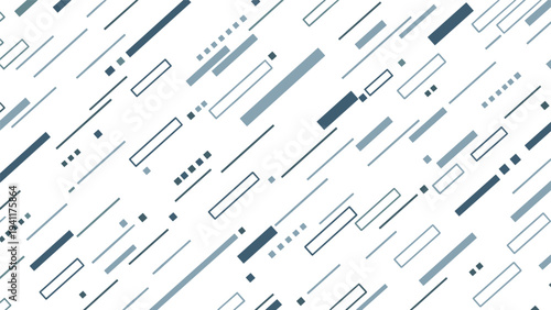 Dynamic abstract pattern of diagonal lines and rectangles in shades of blue and grey on a white background for modern technical design.