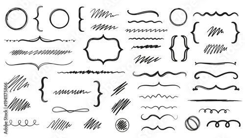 Large collection of hand drawn scribbles, brackets, dividers, and circular frames in a rough charcoal or marker style for creative design.