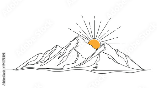 Minimalist line art illustration of mountain peaks with a bright orange sun rising behind them and radiating rays of light into the sky.