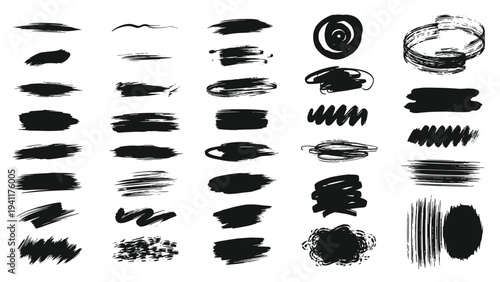 Comprehensive assortment of black ink brush strokes scribbles and abstract marks for artistic textures and overlays.