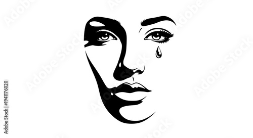 Striking high-contrast black and white vector art of a woman's face depicting raw emotion and a