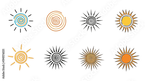 Set of eight stylized sun illustrations featuring various ray patterns and central spiral designs in a hand drawn style.