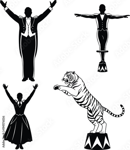 Circus silhouette vector illustration with ringmaster, performers, tiger act, pedestal poses, entertainment artwork, traditional show design, cultural performance collection