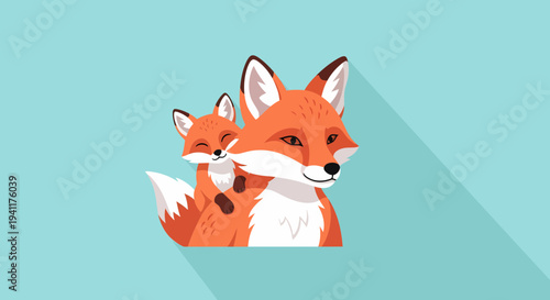 Cartoon Fox Mother With Her Cub In Flat Illustration Style