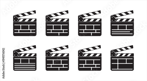 Black clapperboard icon pack showing filmmaking and cinema production tools