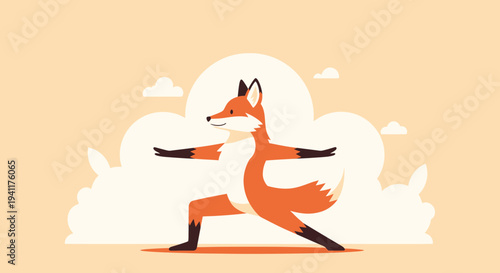 Cartoon Fox Doing Yoga In Warrior Pose Illustration