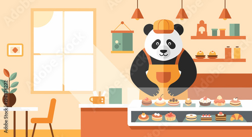 Cute Panda Bear Baker Displaying Pastries In A Flat Design Shop