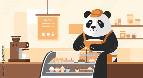 Cute Panda Barista Serving Pastries And Coffee In A Cozy Cafe
