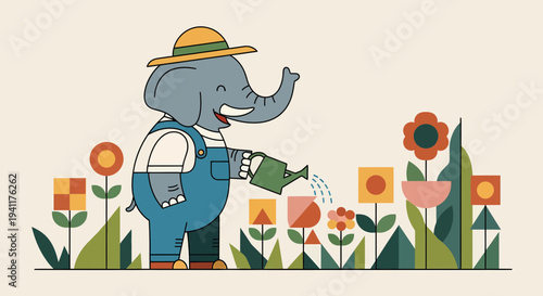 Elephant Gardener Watering Flowers With Geometric Shapes And Flat Design