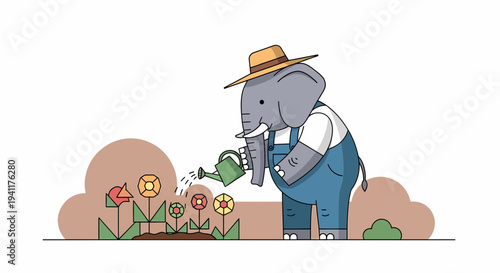 Elephant Farmer Watering Flowers In Garden, Cute Cartoon Gardener