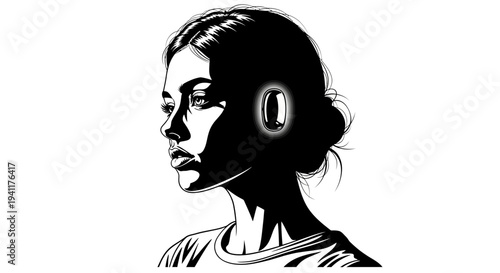 Monochrome illustration depicting a woman's profile featuring a glowing futuristic earpiece