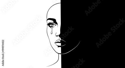 Vector artwork of a woman's face split in contrasting halves with a falling tear signifying deep