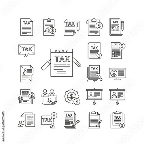 Collection of Simple Line Icons Representing Tax Documents and Financial Concepts.