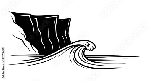 Stylized monochrome artwork depicting a cresting ocean wave meeting imposing shoreline bluffs