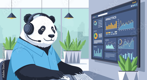 Panda Analyst Reviewing Data On Monitor For Company Growth Strategy