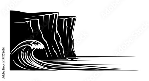 Dynamic black and white vector illustration of powerful ocean waves crashing against rugged