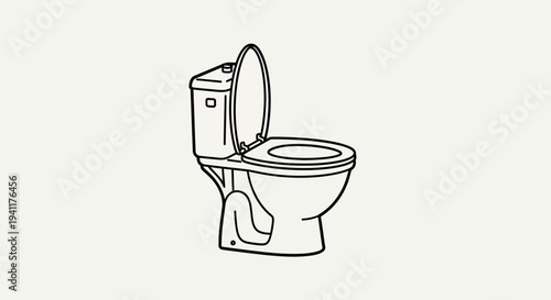 Minimalist graphic line illustration of a modern ceramic toilet with both lid and seat in an open