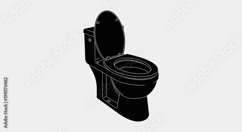 Modern black toilet silhouette with open lid against a minimalist background for bathroom design