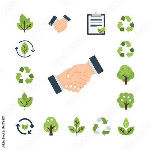 Handshakes and eco-friendly symbols for sustainability and partnership.