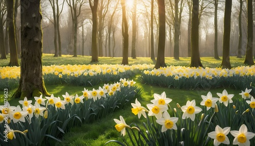 Daffodils in sunlit forest clearing