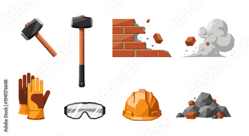 Construction tools and safety gear collection with flat design elements