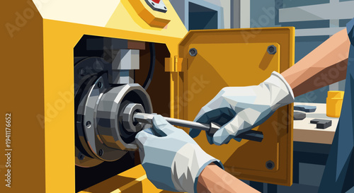 Mechanic adjusting industrial machine with wrench in workshop setting