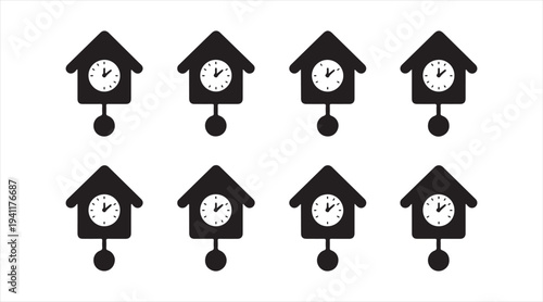 Cuckoo clock icons collection representing traditional wall clock and vintage timekeeping
