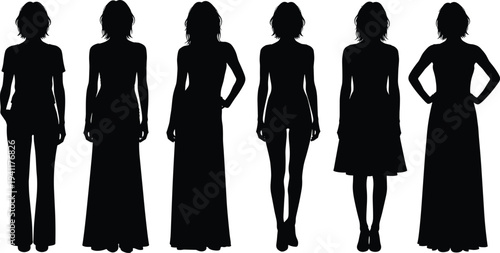 Silhouette diverse women clothing styles, fashion design concept, garment comparison illustration, minimalist art, outfit variation study, body shape representation