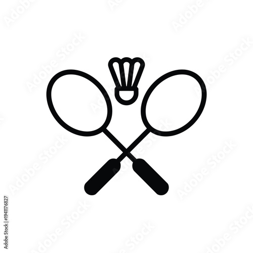 Two crossed badminton rackets with a shuttlecock above them in black and white line sports recreation 1
