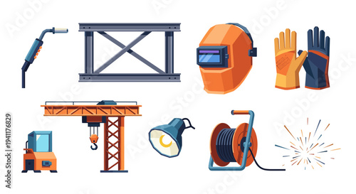 Industrial tools set: welding, construction helmets, crane, electric equipment in flat design