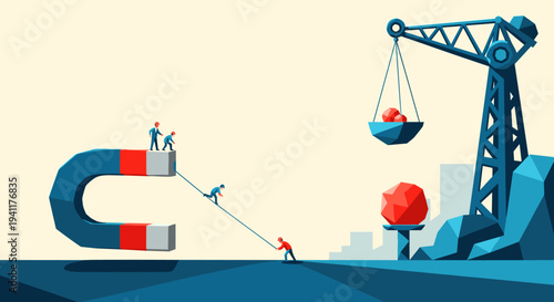 Geometric construction scene featuring magnet and crane in modern low poly design