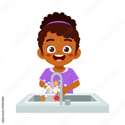 African American Black girl cheerfully washing hands at sink with soap bubbles removing virus germs