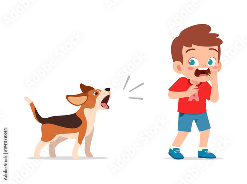 Scared little boy covers his mouth surprised by a loud barking brown dog on a white background