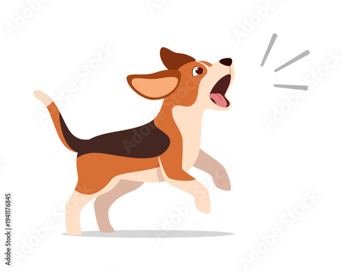 Happy tri-color beagle puppy barking excitedly with an open mouth and visible tongue standing up illustration