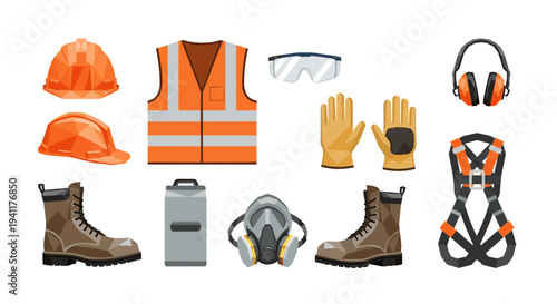 Construction safety equipment set featuring ppe gear and accessories