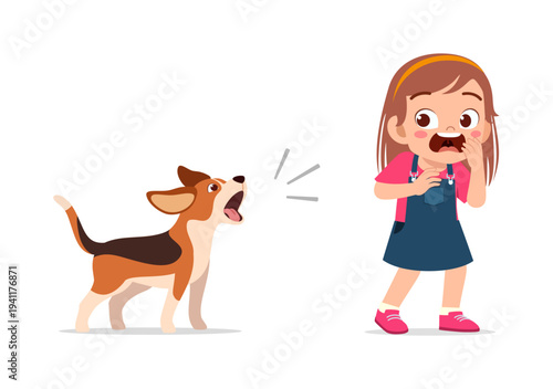 Little girl frightened by a small dog barking loudly at her with a surprised expression