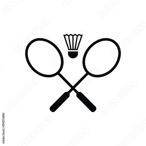Two crossed badminton rackets with a shuttlecock above them in black and white line sports recreation