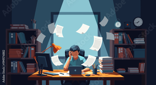 Overwhelmed office worker: stress and paperwork in modern workspace