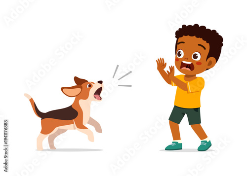 Dark skinned boy looks surprised and scared as a happy dog barks playfully at him in a simple illustration