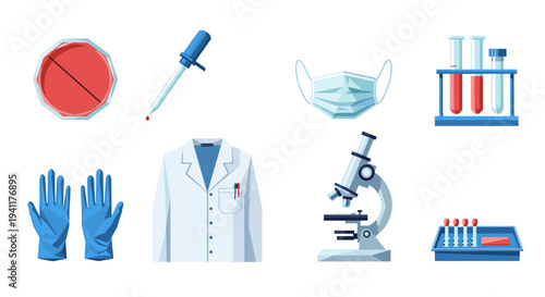 Medical laboratory equipment collection featuring microscopes, test tubes, and protective gear