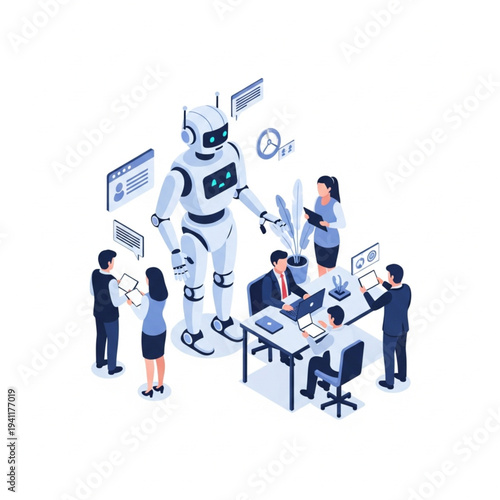 Robot assisting office workers with various tasks and documents.