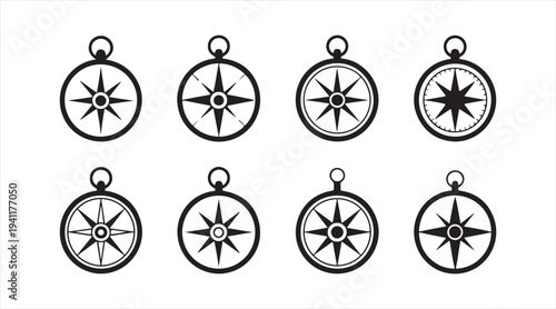 Black compass navigation icon pack showing directional instrument symbols