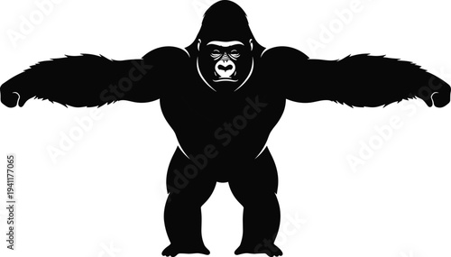 Silhouette gorilla standing arms extended, powerful animal concept, wildlife illustration, strength dominance symbol, minimalist art, primate body posture representation
