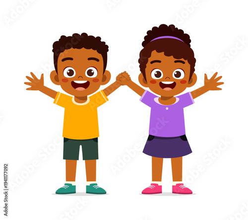 Happy African American boy and girl holding hands with arms wide open smiling cheerfully together