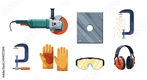Industrial protection and tools set featuring cutting equipment and safety gear
