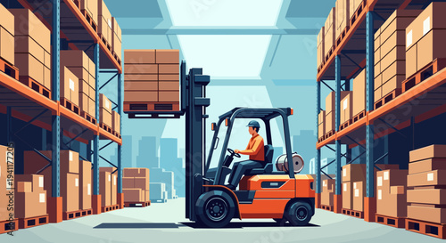 Warehouse forklift moving boxes in a modern industrial storage facility
