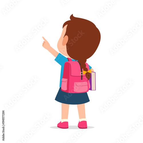 Young girl student with a pink backpack pointing her finger up cheerfully ready for school